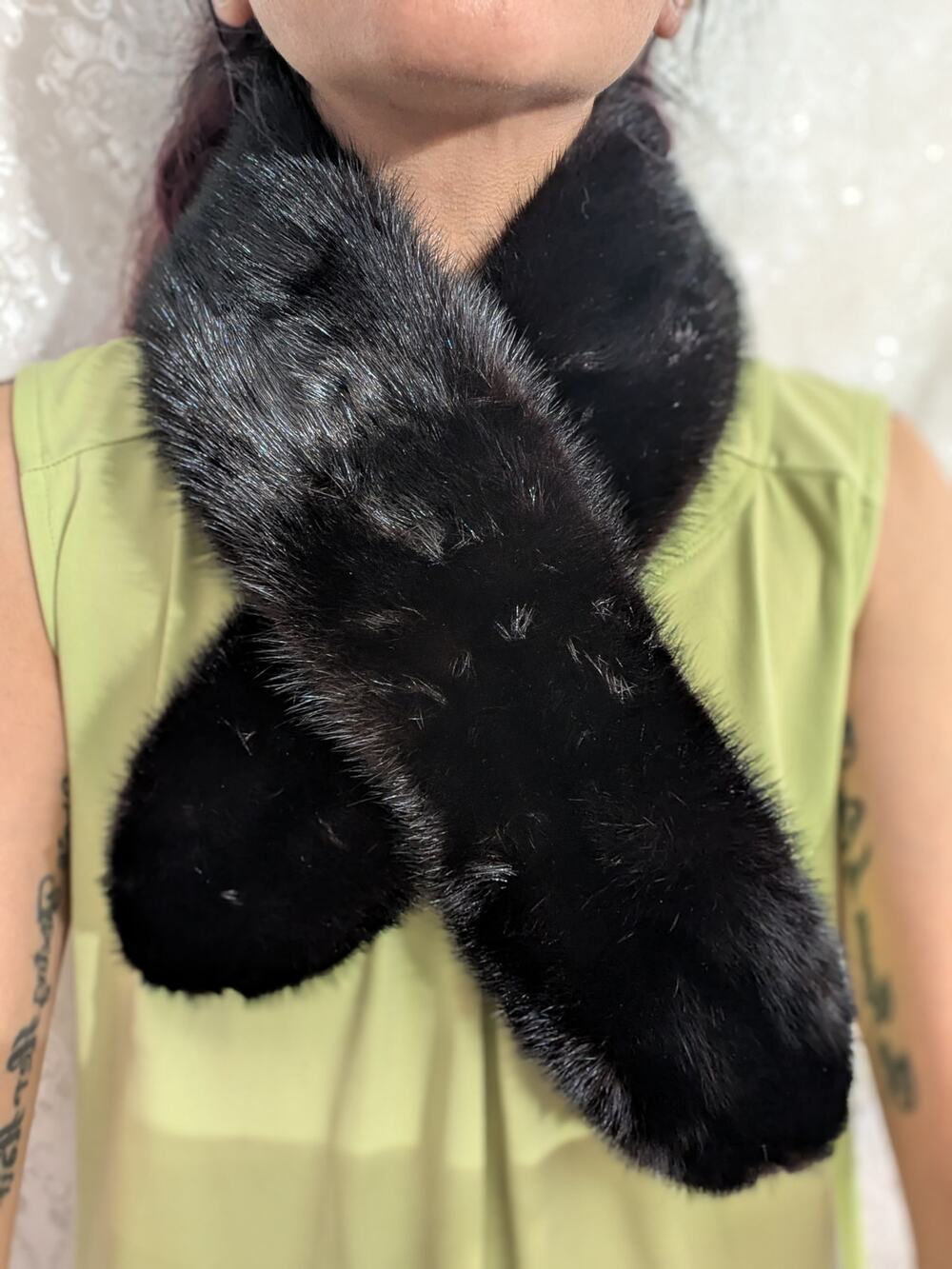 Vintage Genuine Black Mink Fur Scarflette 36" Pull Through Collar Wrap W/ Clips